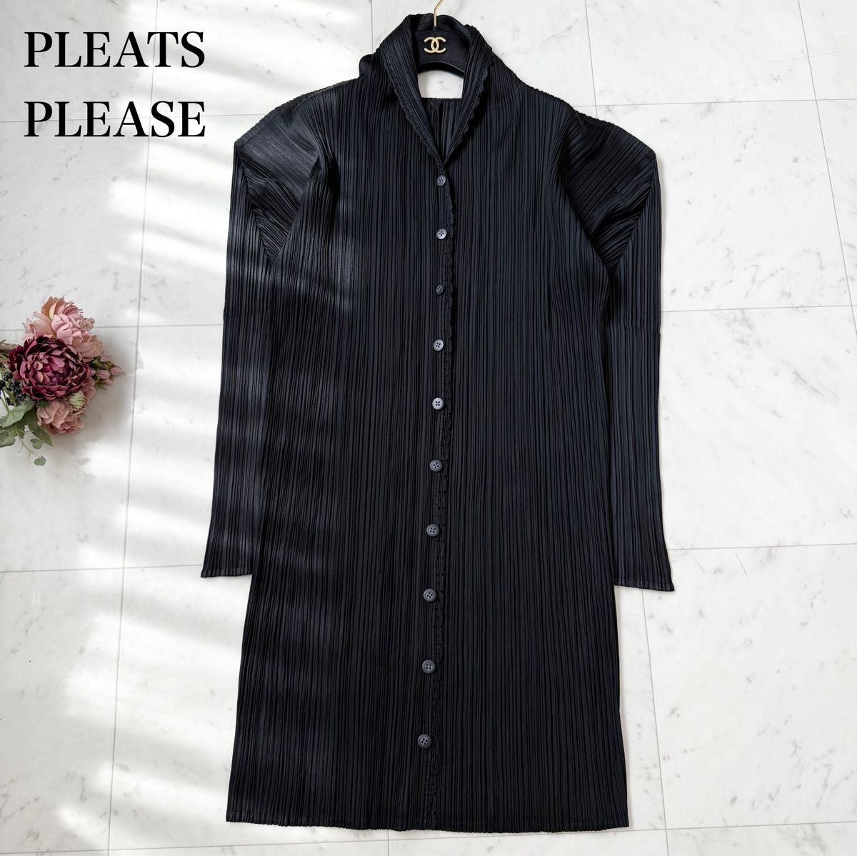 【美品】PLEATS PLEASE ロングカーディガン ブラック Lsize 美品 プリーツプリーズ 変形襟 ロングカーディガン ブラック