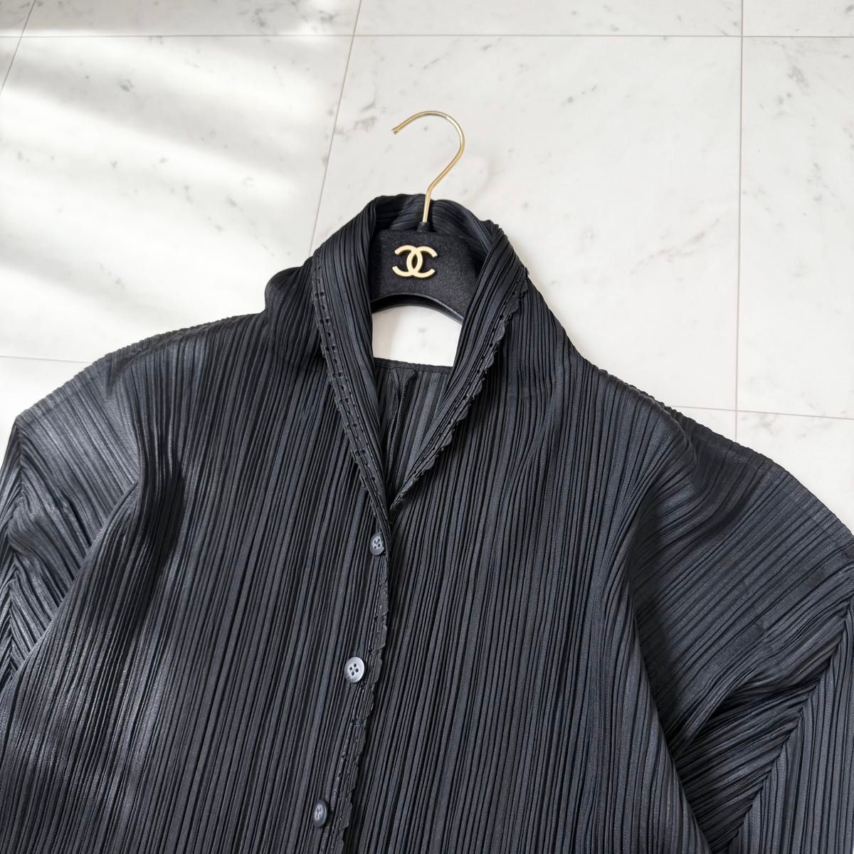 【美品】PLEATS PLEASE ロングカーディガン ブラック Lsize 美品 プリーツプリーズ 変形襟 ロングカーディガン ブラック