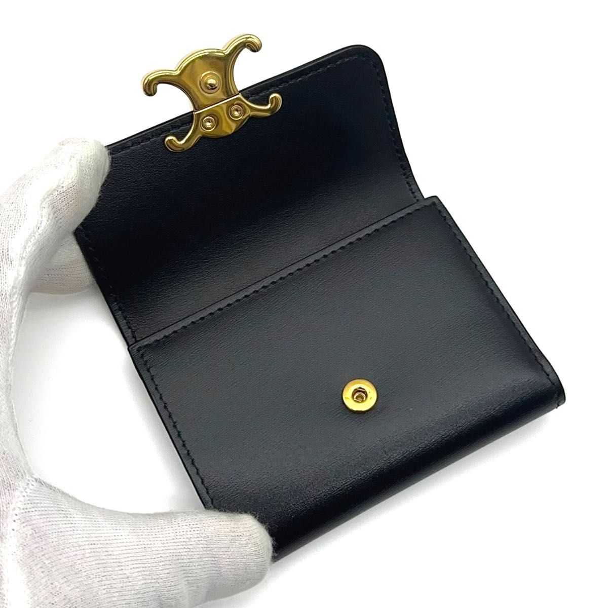 極美品*セリーヌ トリオンフ コイン&カードケース 財布 ブラック ゴールド金具 極美品】CELINE セリーヌ コイン入れ付きコンパクトウォレット