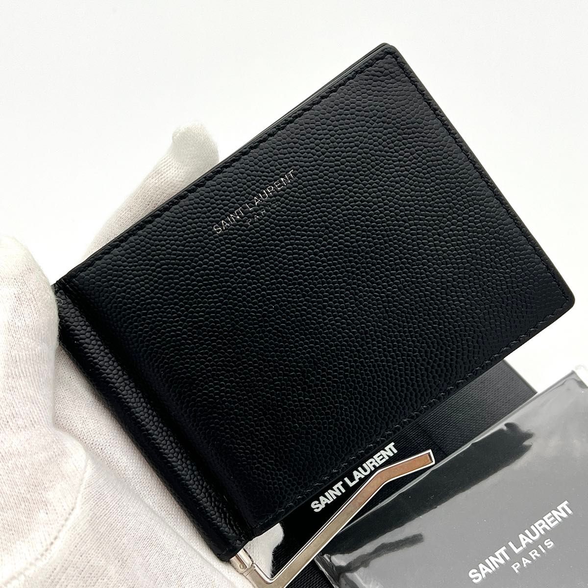 美品✨サンローラン パリ マネークリップ メンズ 折り財布 黒 ロゴあり 財布 極美品】サンローランパリ マネークリップ ブラック ロゴ 黒