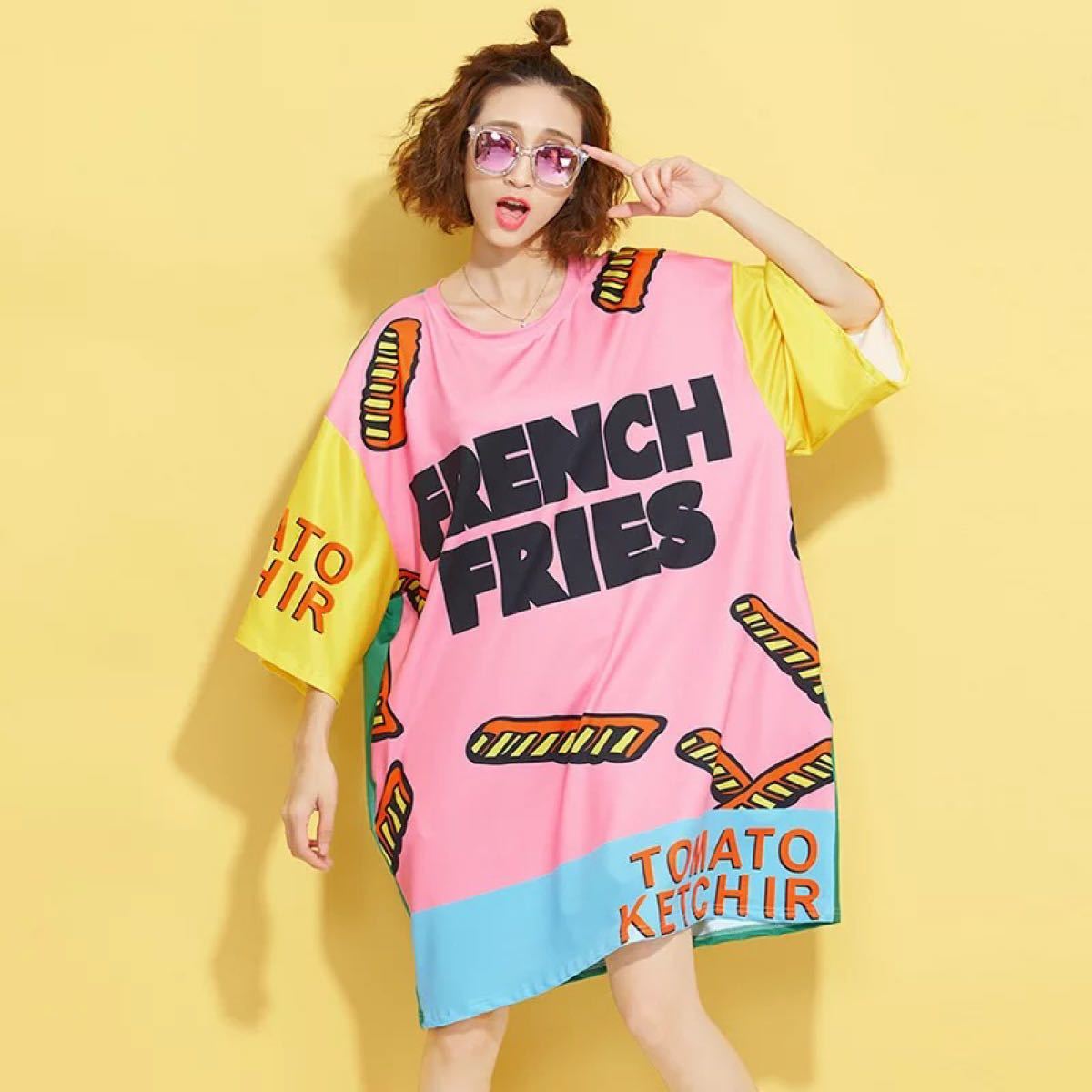ビッグシルエット Tシャツ カラフル チュニック ワンピ風 トップス 韓国