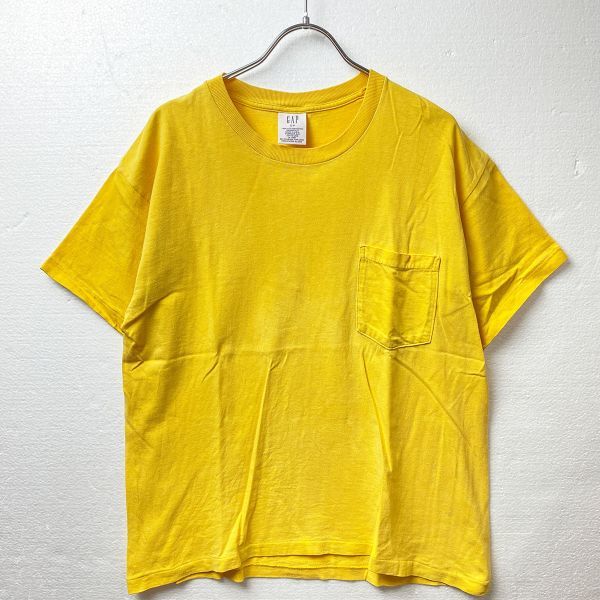 USA производства 90\'s Gap GAP вырез лодочкой короткий рукав карман футболка (S) одноцветный желтый цвет pokeT 90 годы America производства старый бирка Old 