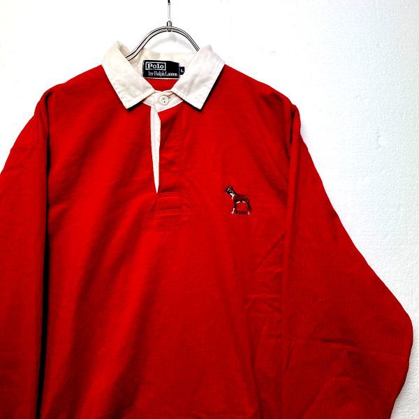 玄関先迄納品 ドッグ 赤 (L) ラガーシャツ ヘビーウェイトコットン 刺繍 犬 ポロラルフローレン 90's 90年代 オールド 旧タグ Lサイズ
