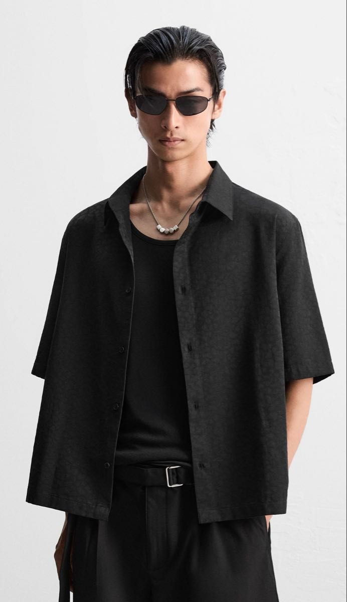 ★ドイツ発*ZARA*新作*アニマルジャガード半袖シャツ/BLACK★ ZARA アニマルジャガードシャツ L リラックスフィット ザラ