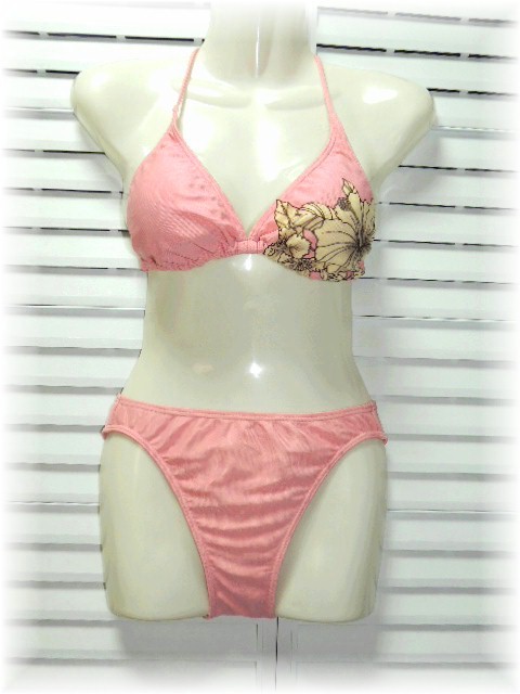 T&C Town and Country separate swimsuit 9 number /M pink × floral print dent convex cloth 