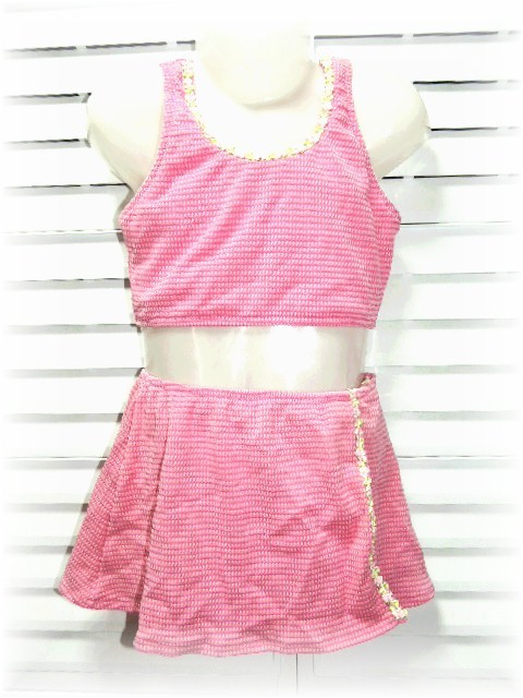 クリエイトファッション お花のレース飾り セパレート水着 スカートセット 130cm ピンク 凹凸生地の画像2