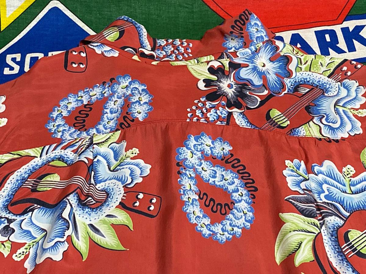 ★オンブックの1枚★ハワイ製MISS HAWAIIビンテージウクレレプリントハワイアンシャツアロハシャツ40s40年代50s50年代マッキントッシュ赤L_画像9