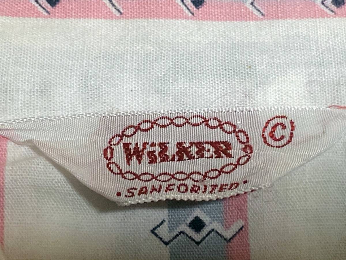 ★黄金配色の1枚★Made in USA製アメリカ製WilKERビンテージ総柄プリントコットンパジャマシャツ50s50年代黒ピンクロピングレピン幾何学柄