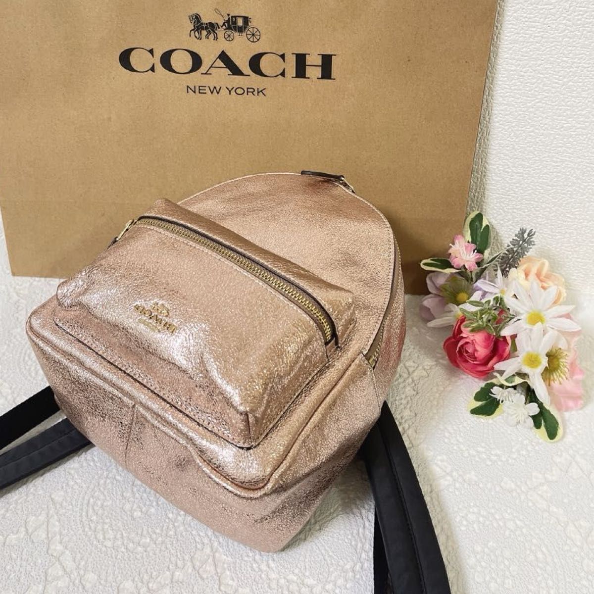【美品】コーチ リュック レザー ブラウン ピンク チャーリー 500ml可 COACH コーチ リュックサック バックパック メタリック レザー