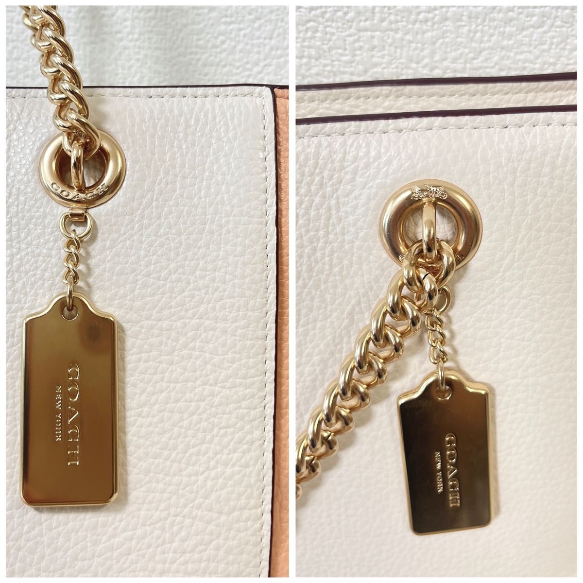 美品★COACH コーチ トートバッグ 肩掛け ベージュ系 チャーム付き 大容量 COACH コーチ トートバッグ 肩掛け レザー 本革 チェーン