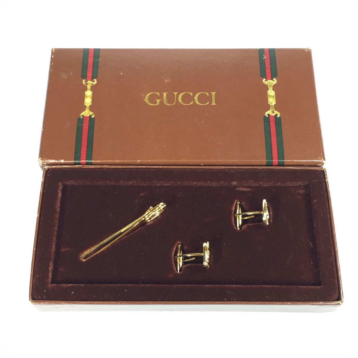 【グッチ】本物 GUCCI タイピン カフス GG柄 ゴールド色系 ネクタイピン カフリンクス カフスボタン オールドグッチ メンズ 箱有 送料520円_画像1