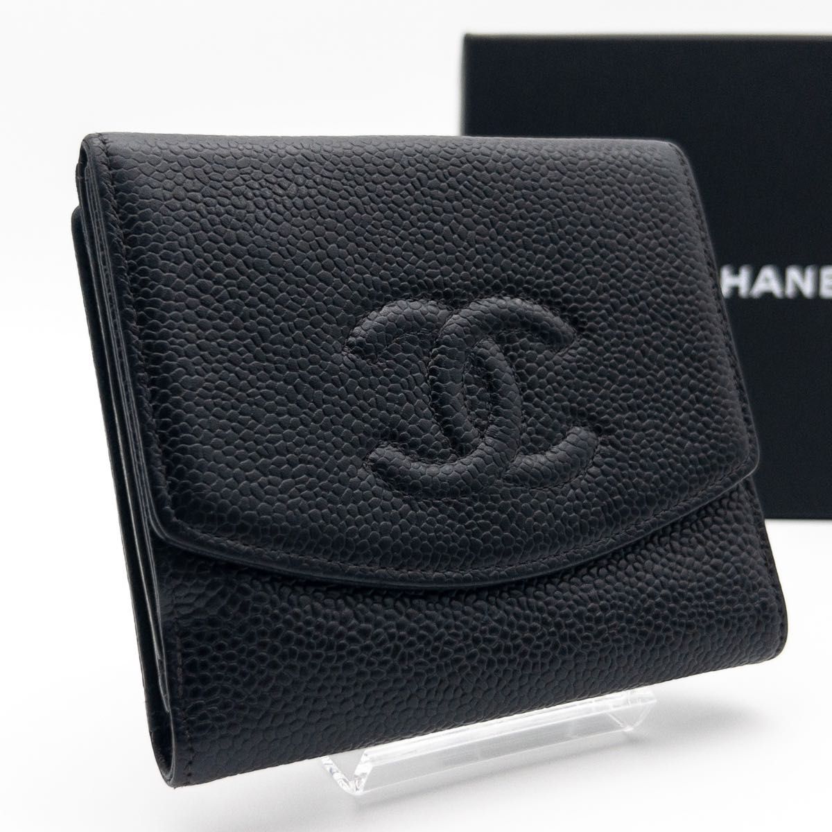 期間限定販売 美品 CHANEL シャネル 二つ折り 財布 キャビア ココマーク 極美品】CHANEL ココマーク 二つ折り財布 キャビアスキン 黒