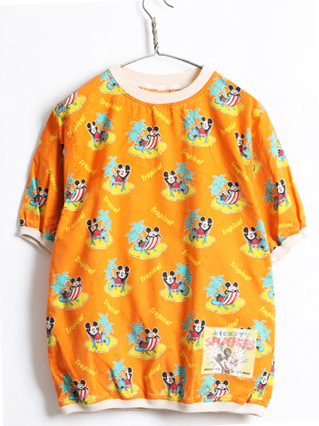 90's ■ J.G.HOOK ディズニー ミッキーマウス 総柄 プリント シャツ 素材 半袖 Tシャツ ( レディース XL 程) 古着 ミッキー キャラクター