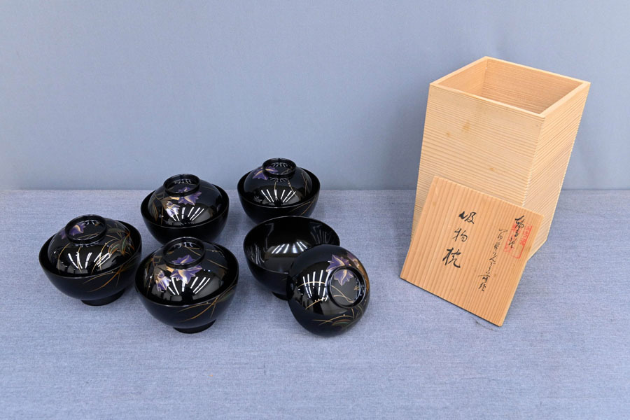 HV291 美品 伝統工芸 輪島塗 金蒔絵 木製漆器 吸物椀 お椀 5客セット 共箱_画像1