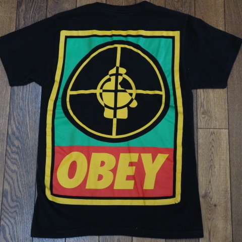 00s USA製 OBEY × PUBLIC ENEMY Tシャツ S ブラック オベイ パブリックエネミー ロゴ 両面プリント hiphop raptee ストリート スケート_画像1