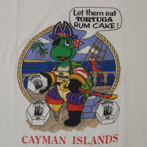 90s Tortuga Rum Cake Tシャツ L ホワイト Cayman Islands ラムケーキ カメ オウム イラスト スーベニア USA 企業 お菓子 ヴィンテージ_画像3