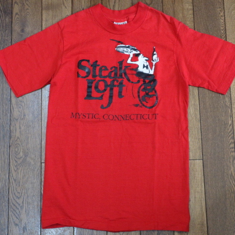 80s USA製 Hanes Steak Loft Tシャツ S レッド 両面プリント ステーキ レストラン メッセージ イラスト ユーモア オールド ヴィンテージ_画像2