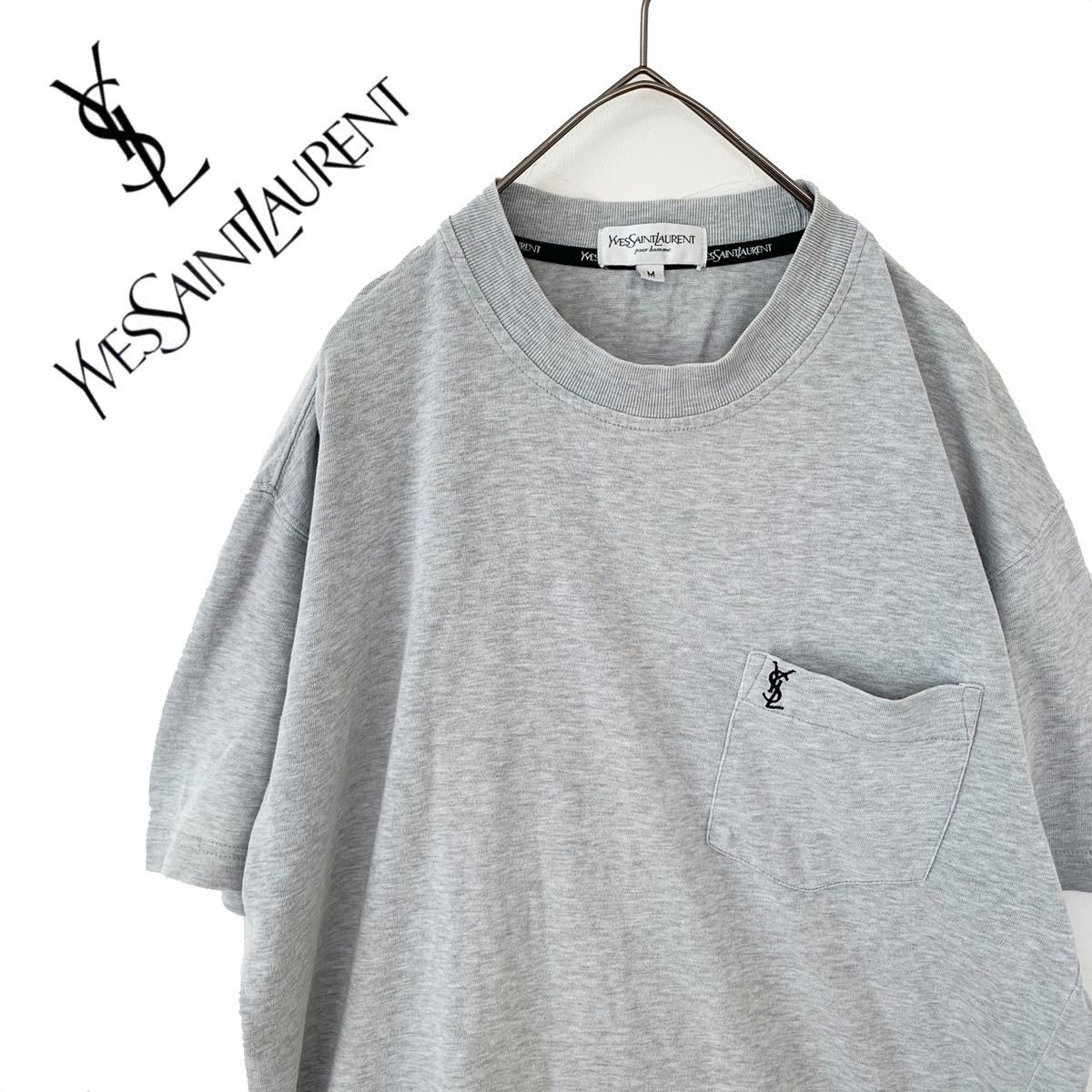 YvesSaintLaurent イブサンローラン ロゴ刺繍 ポケット Tシャツ グレー