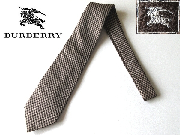 美品 BURBERRY LONDON バーバリーロンドン ロゴ バイアスギンガムチェック シルクネクタイ ブラウン系 イタリア製 レギュラータイ クラシコ