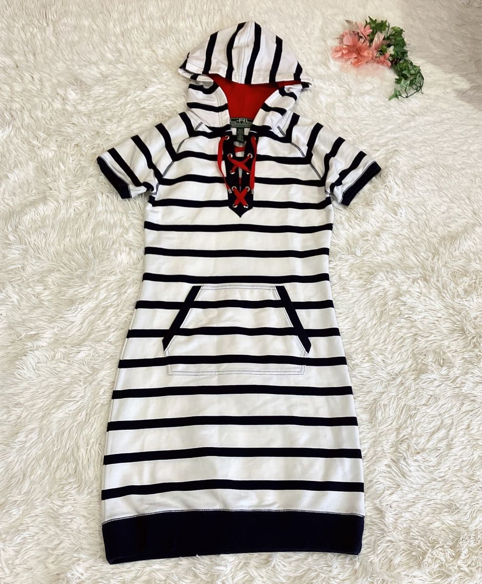 【Polo Ralph Lauren】フード付きワンピース 140cm ラルフローレンパーカーワンピースボーダーxsキッズフード付き