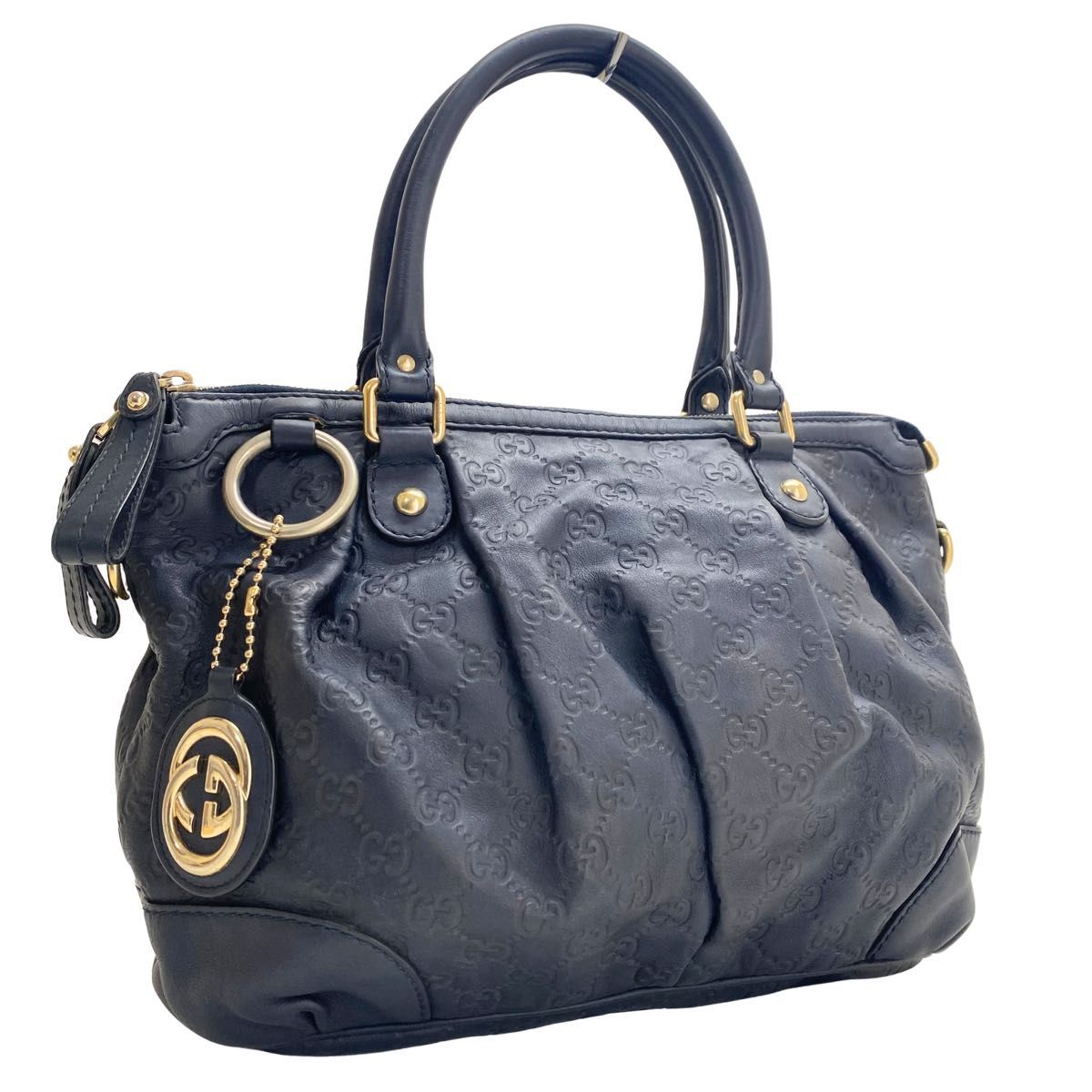 美品 グッチ スーキー ハンドバッグ インターロッキング GG シマ A4可 美品】GUCCI スーキー GGシマ ネイビー ハンドバッグ グッチ