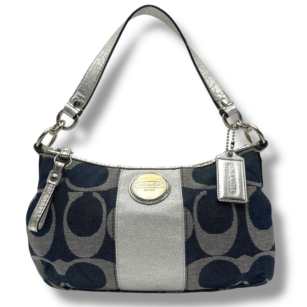 COACH コーチ ハンドバッグ デニム パッチワーク レザー シグネチャー 良品】COACH コーチ 2way ワンショルダーバッグ デニム×レザー