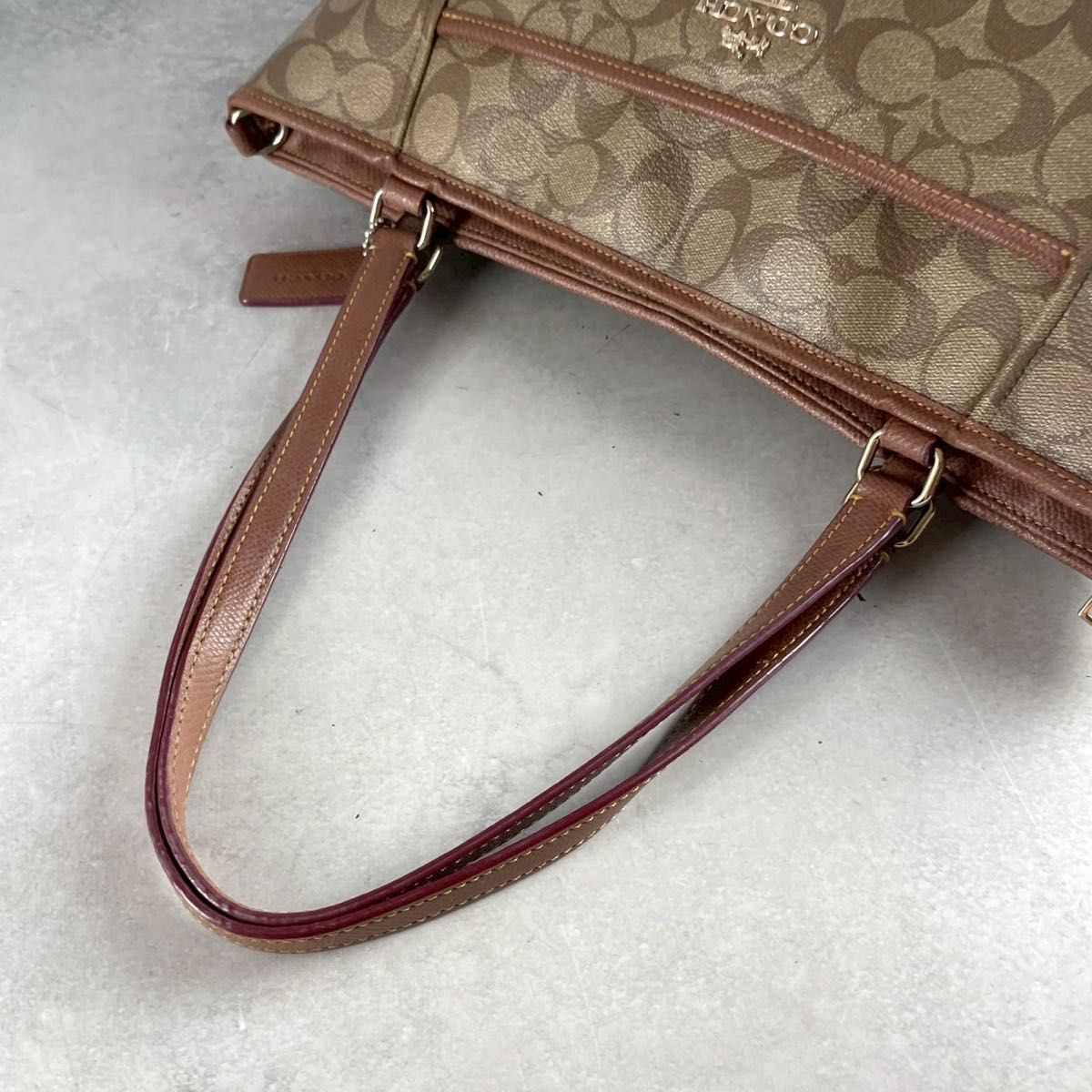 コーチ トートバッグ 肩掛け A4サイズ シグネチャー PVCレザー 茶 d14 良品】A4可 COACH コーチ トートバッグ PVC×レザー 本革 肩掛け