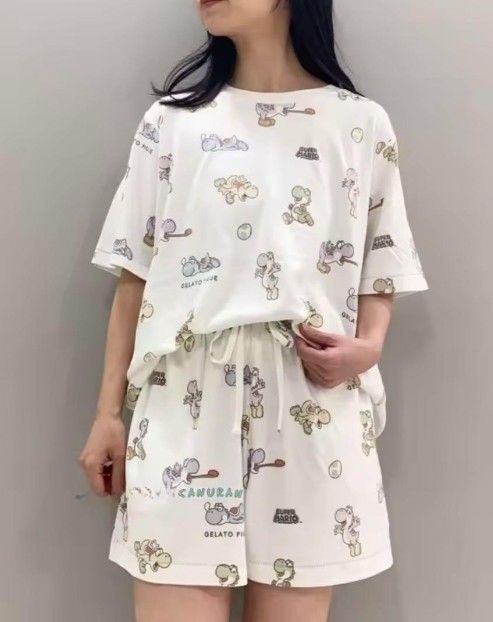 ジェラートピケ マリオ レディース ヨッシー柄Tシャツ&ショートパンツセット ジェラートピケ】スーパーマリオ ヨッシー柄Tシャツ&ショート