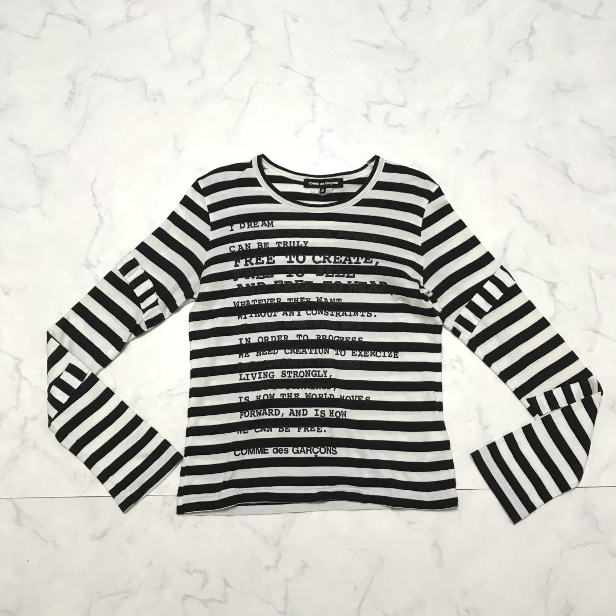 ★COMME des GARCONS コムデギャルソン★ボーダー柄 英字プリント モノトーン ボンデージ風 長袖 Tシャツ カットソー ロンT size S_画像4