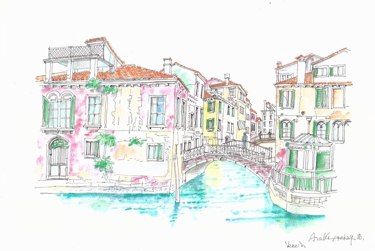  World Heritage. street average .* Italy *be varnish. small . river *F4 drawing paper * watercolor painting original picture 