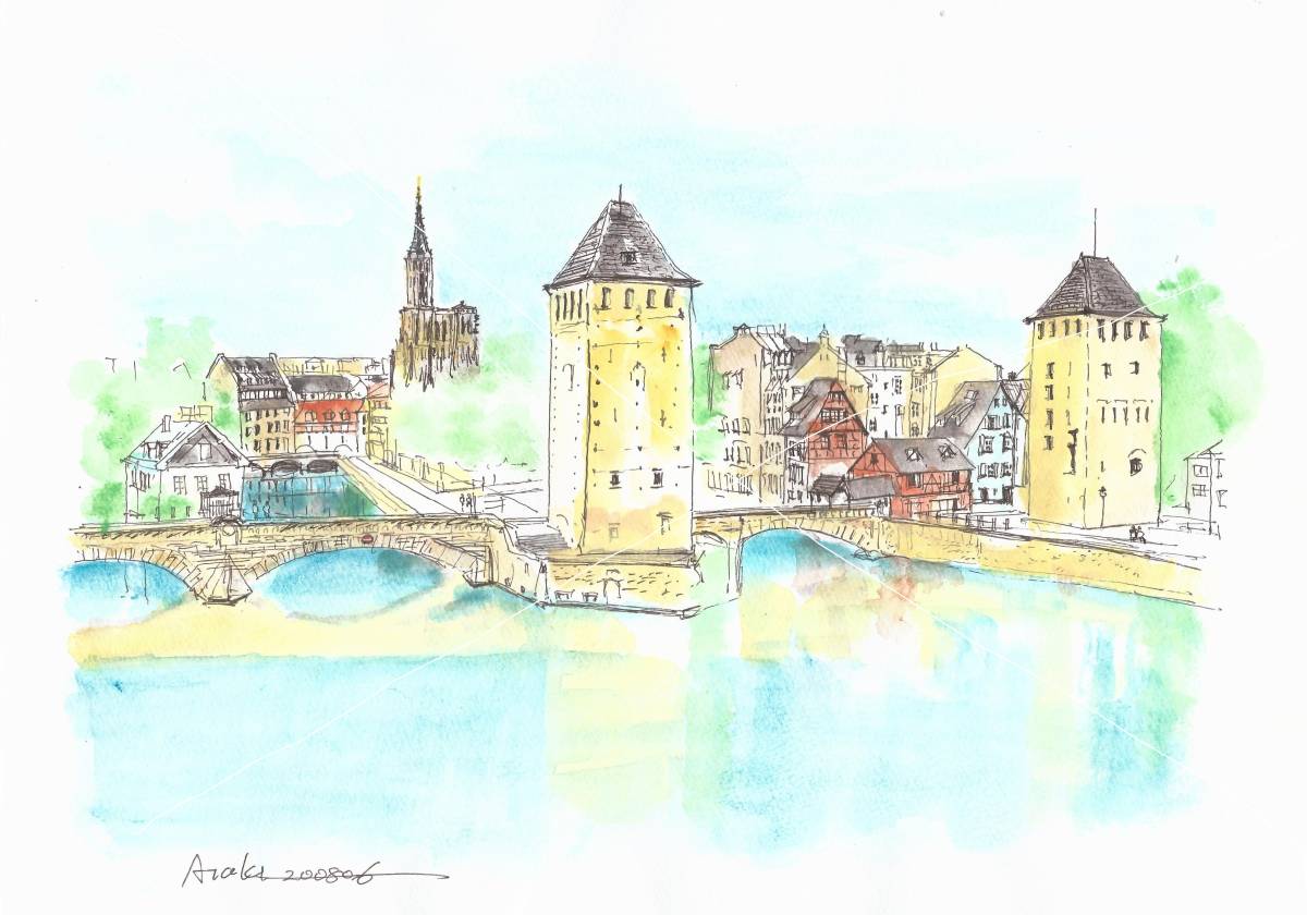  World Heritage. street average .* France * -stroke lasb-ru*F4 drawing paper * watercolor painting original picture 