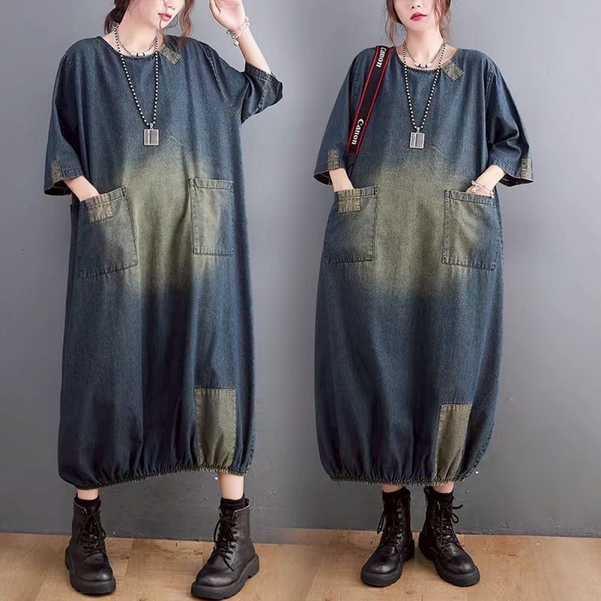 カジュアル デニムワンピース ルーズ ロング ゆったり レトロ デニムワンピース デニム ロングワンピース ロング丈 マキシ丈