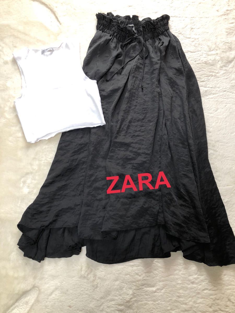 ★美品★ZARA  ロングスカート  黒　キャミ白　セット　フレアースカート