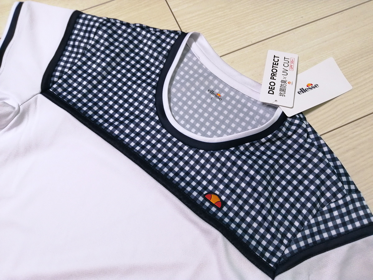 * new goods ellesse ellesse tennis lovely silver chewing gum check team short sleeves T-shirt Lady's M regular price 6,160 jpy anti-bacterial deodorization white . sweat speed .