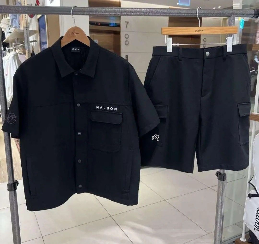 Malbon 黒 シャツとショートパンツセット ゴルフウェア マルボン MALBON マルボンゴルフ メンズ ショートスリーブシャツ パンツ 2