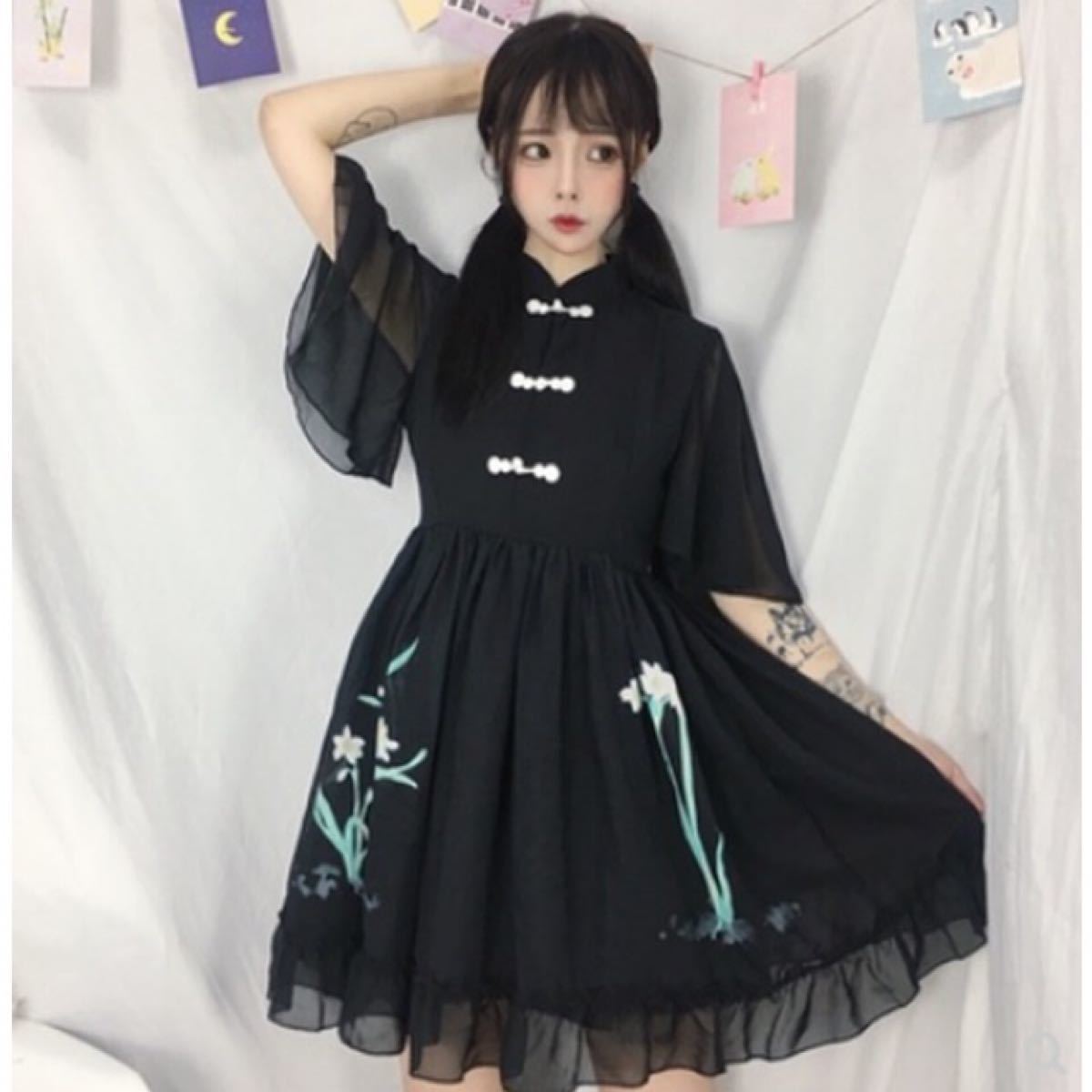 Paypayフリマ 可愛い 花柄 ワンピース ドレス ロリータ 中華 チャイナ服 黒 半袖 やみかわ Paypayフリマ 可愛い 花柄 ワンピース ドレス ロリータ 中華 チャイナ服 黒 半袖 やみかわ