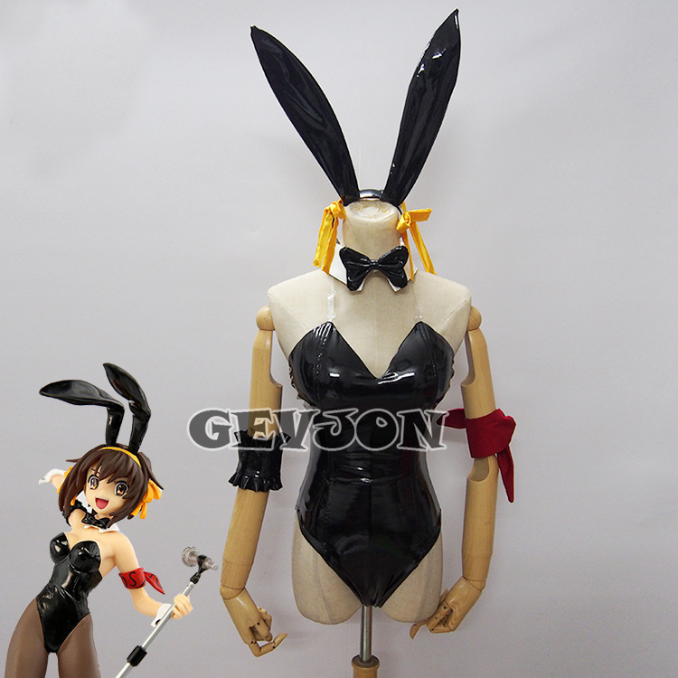  sexy costume play clothes Halloween costume Leotard PU compound leather Bunny fancy dress [ Suzumiya Haruhi no Yuutsu ] bunny girl rabbit girl black color set 