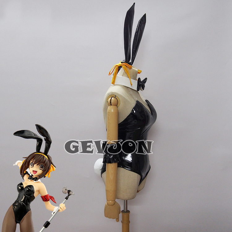  sexy costume play clothes Halloween costume Leotard PU compound leather Bunny fancy dress [ Suzumiya Haruhi no Yuutsu ] bunny girl rabbit girl black color set 