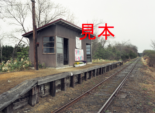 鉄道写真、645ネガデータ、108091260009、南部縦貫鉄道、後平駅（アリガトーレールバス装飾あり）、1997.04.24、（4531×3318）_画像1