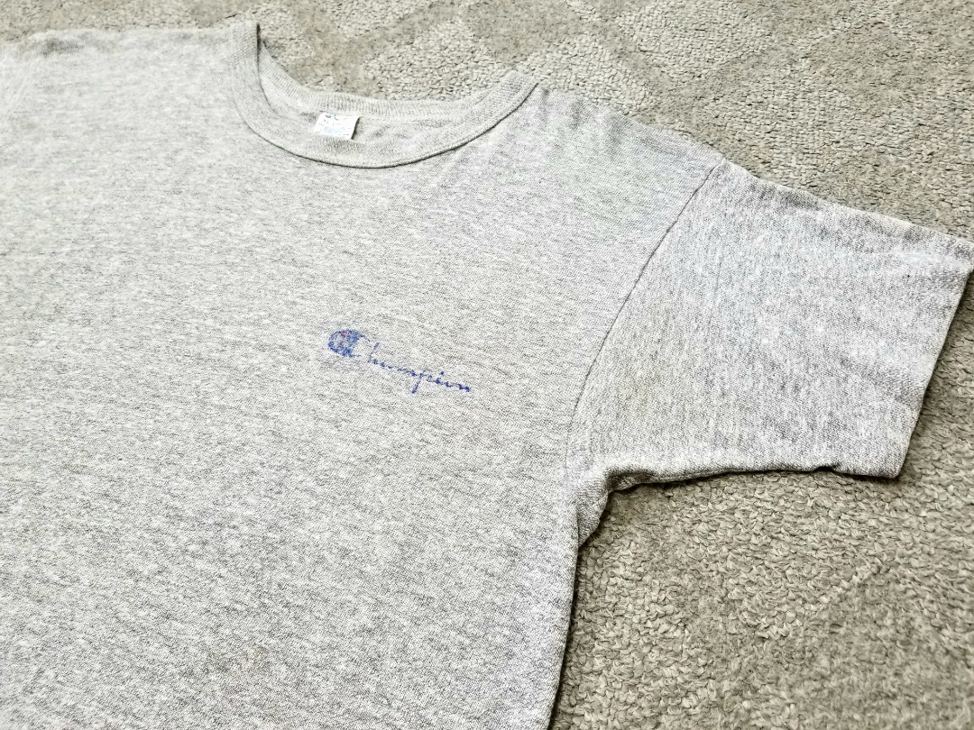80s USA製 champion チャンピオン ロゴプリント Tシャツ 杢グレー ジュニア XL 18 － 20 実寸 M 程度 80年代 アメリカ製 ビンテージ_画像1