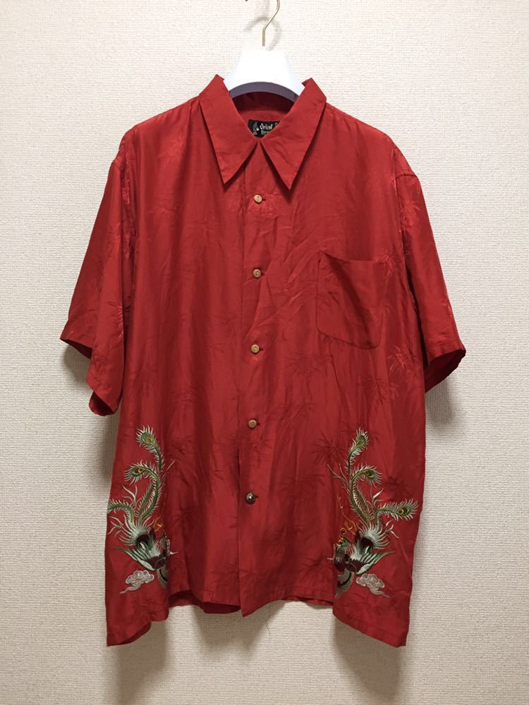USA古着 Orient Express シルクシャツ オープンカラーシャツ 半袖シャツ 鳳凰刺繍 赤 XL