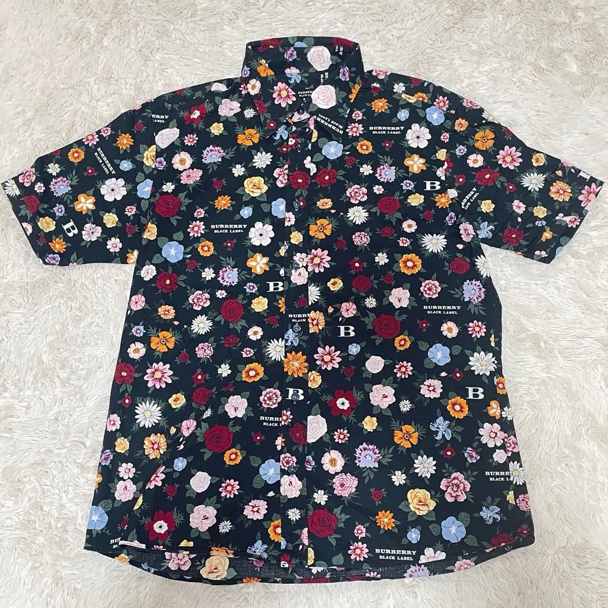 【バーバリーブラックレーベル】美品 シャツ 半袖 総柄 花柄 Mサイズ メンズ 希少 美品 バーバリーブラックレーベル BURBERRY BLACK LABEL