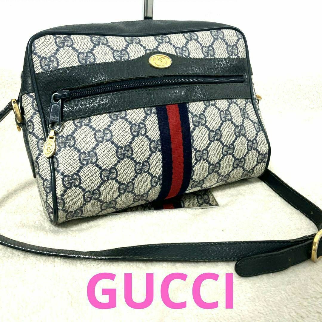 ☆美品☆GUCCI グッチ ショルダーバック GG PVC ネイビー 美品 GUCCI グッチ ショルダーバッグ PVC×レザー ネイビー