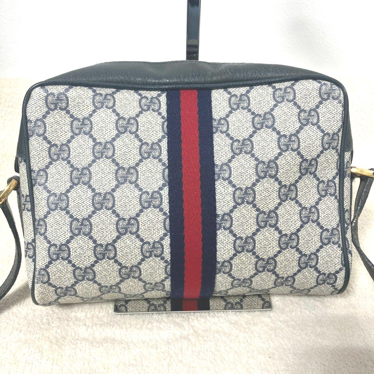 ☆美品☆GUCCI グッチ ショルダーバック GG PVC ネイビー 美品 GUCCI グッチ ショルダーバッグ PVC×レザー ネイビー