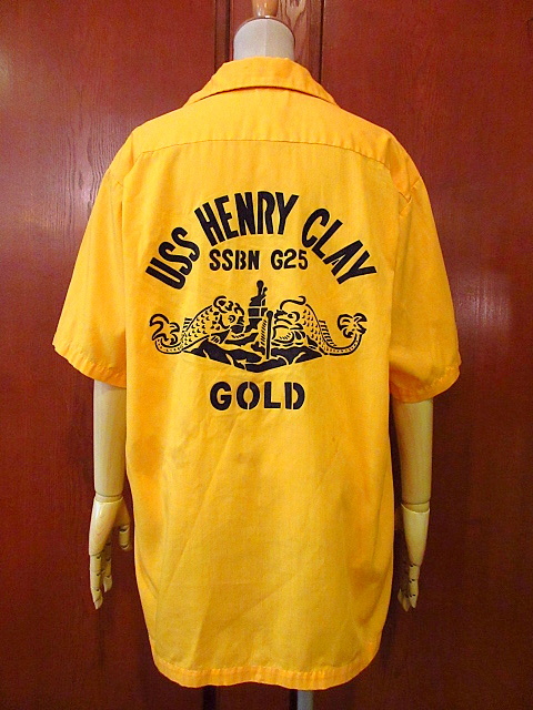 ビンテージ50's●USS HENRY CLAY SSBN-625ミリタリープリントボウリングシャツ黄 Size L●200811s3-m-sssh-bw 1960's USN米海軍半袖古着