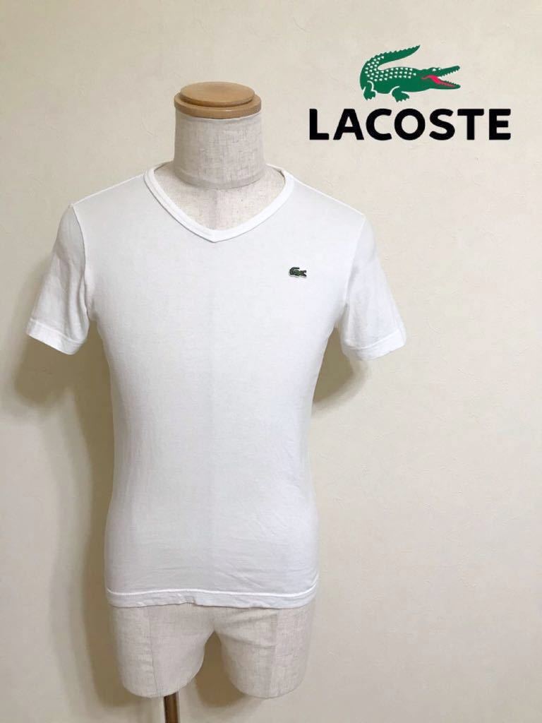 LACOSTE ラコステ Vネック Tシャツ ホワイト トップス サイズ2 半袖 ファブリカ 日本製 TH631E 白