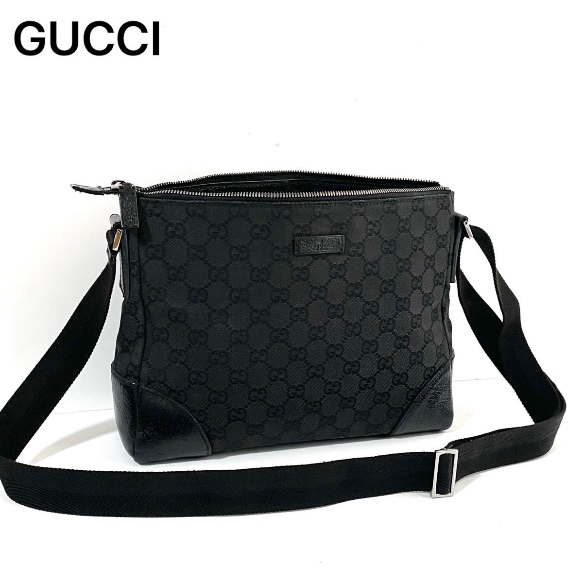 美品 GUCCI ショルダーバッグ GGキャンバス レザー ブラック 肩掛け 美品】GUCCI グッチ ショルダーバッグ GGキャンバス×レザー