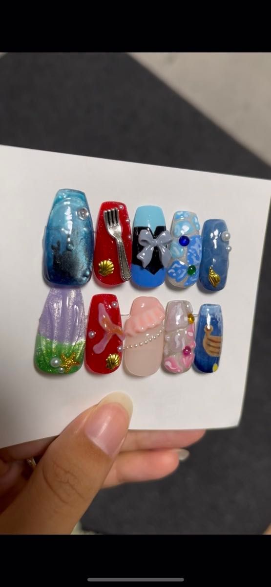 ネイルチップ マーメイド アリエルモチーフ ディズニー風 貝殻 リボン 海 マグネット ジェルネイル ちゅるん
