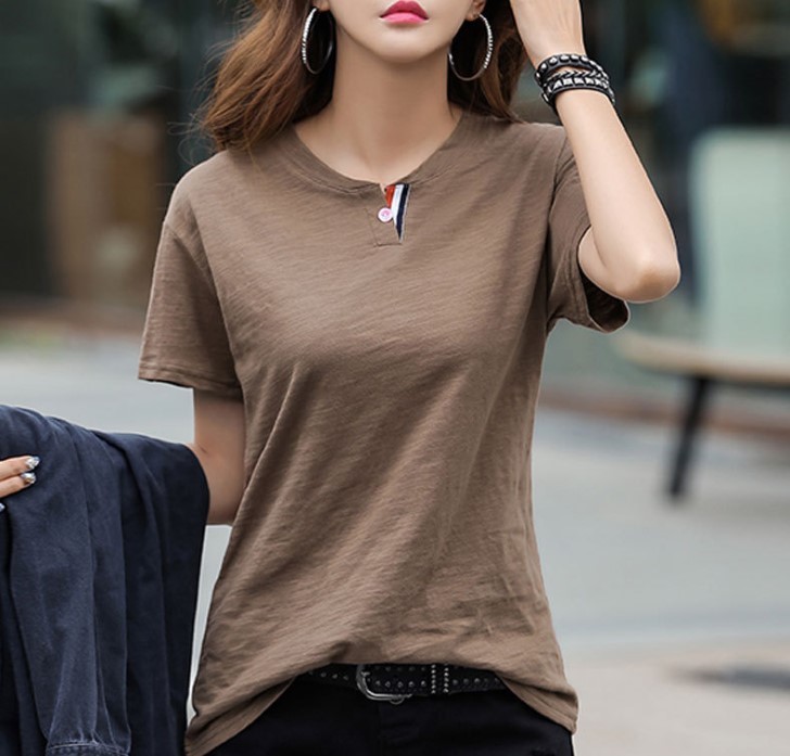 新品 胸元 トリコロール カラー ブラウン Sサイズ Tシャツ ベーシック カットソー 半袖 Tシャツ 無地 シンプル アクセント