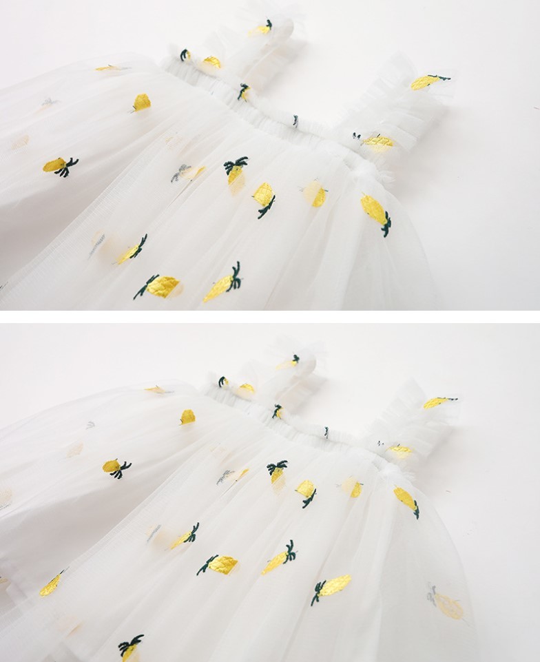 新品 ベビー キャミワンピース パインアップル ホワイト 100ｃｍ チュチュスカート 刺繍 サンドレス ふんわり チュール 記念撮影
